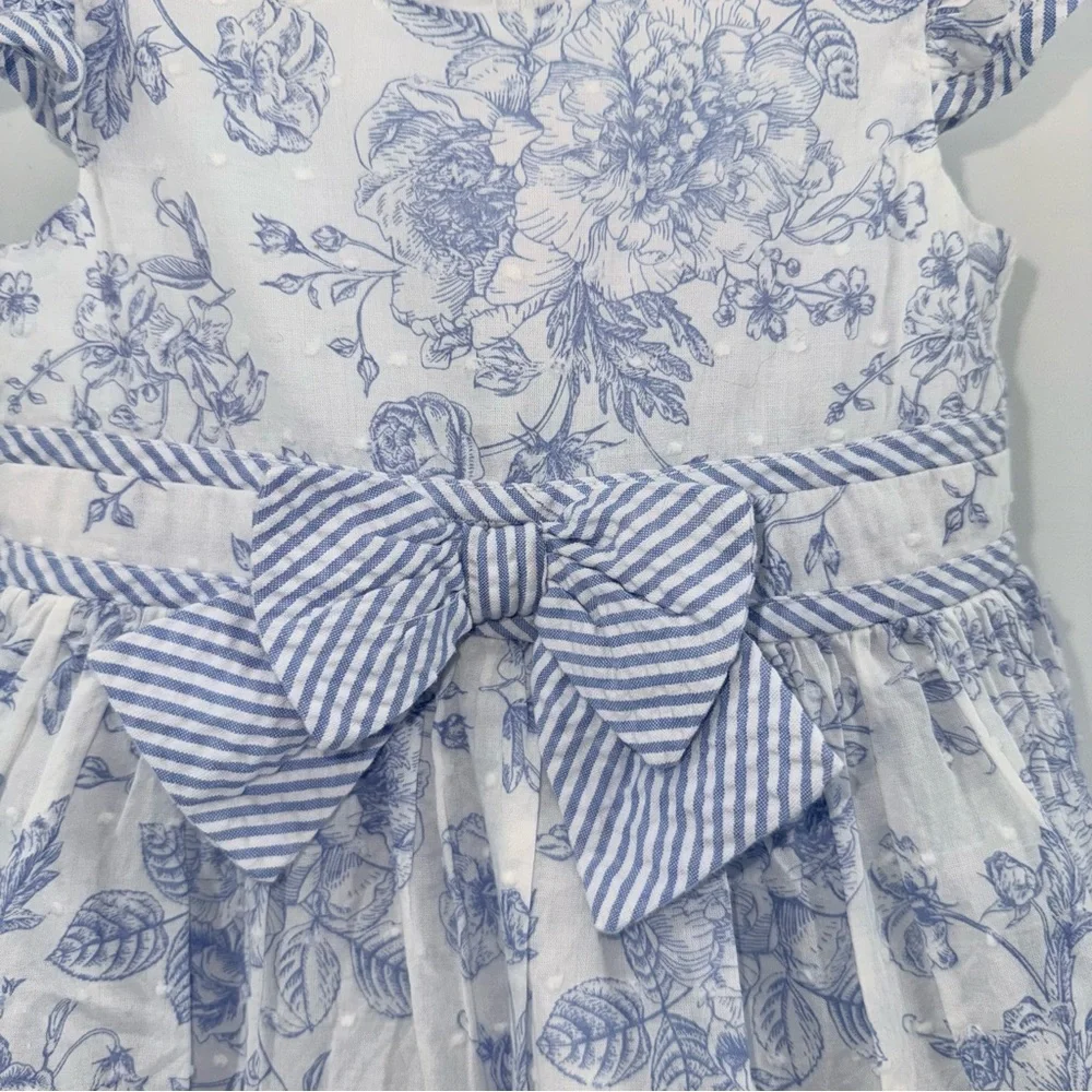 Bonnie Baby Dotted Swiss Seersucker Blue Toile Floral Print Dress with Bloomers - Picture 3 of 5